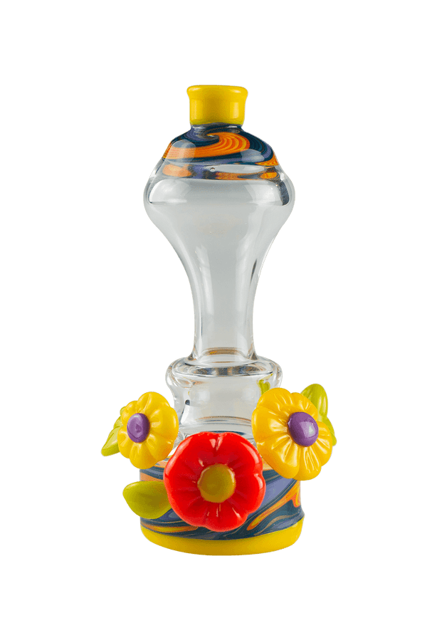 This is the TriFlora Puffco Dry Top from Technicolor Tonys available at Ritual Colorado. A beautiful dry top for your Puffco Peak & Peak Pro it fits securely into the base unit. The swirling yellow, blues and oranges on the body are accented by flowers and leaves. Check out Technicolor Tonys awesome glass work at Ritual Colorado.