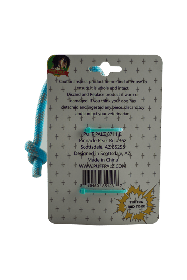 This is the Tug & Toke rubber dog toy from Puff Palz available at Ritual Colorado. A fun hard rubber dog toy with an attached rope for tug-of-war and an included treat spot in the bowl. 