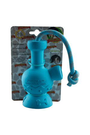 This is the Tug & Toke rubber dog toy from Puff Palz available at Ritual Colorado. A fun hard rubber dog toy with an attached rope for tug-of-war and an included treat spot in the bowl. 