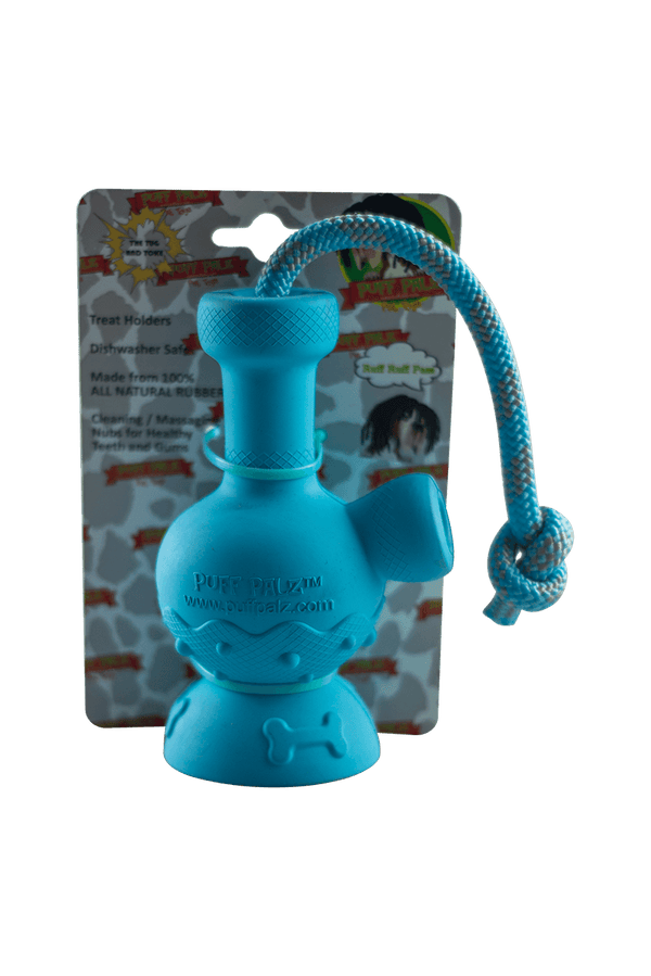 This is the Tug & Toke rubber dog toy from Puff Palz available at Ritual Colorado. A fun hard rubber dog toy with an attached rope for tug-of-war and an included treat spot in the bowl. 