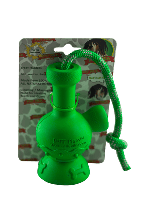 This is the Tug & Toke rubber dog toy from Puff Palz available at Ritual Colorado. A fun hard rubber dog toy with an attached rope for tug-of-war and an included treat spot in the bowl. 