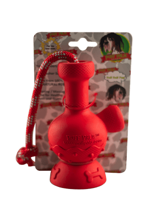 This is the Tug & Toke rubber dog toy from Puff Palz available at Ritual Colorado. A fun hard rubber dog toy with an attached rope for tug-of-war and an included treat spot in the bowl. 