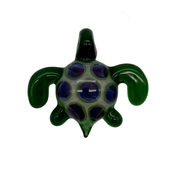 This is the Swimming Sea Turtle Pendant by Biting Glass available at Ritual Colorado. Handmade from borosilicate glass, this piece of wearable art features vibrant colors and subtle details.