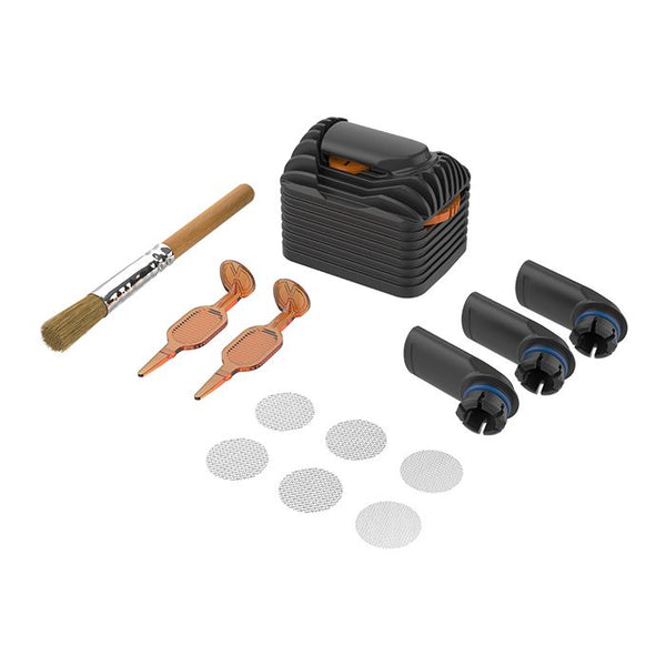 This is the Wear and Tear Set for the Storz & Bickel Venty available at Ritual Colorado. Featuring a cooling unit, three mouthpieces, small screen set, two chamber filling tools and a cleaning brush.