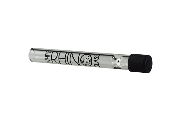 This is a glass chillum taster by White Rhino available at Ritual Colorado. The glass tube features an indented bowl and comes with a silicone cover so you can travel with it already loaded.