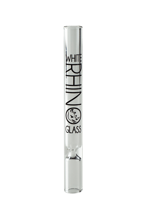 This is a glass chillum taster by White Rhino available at Ritual Colorado. The glass tube features an indented bowl and comes with a silicone cover so you can travel with it already loaded.