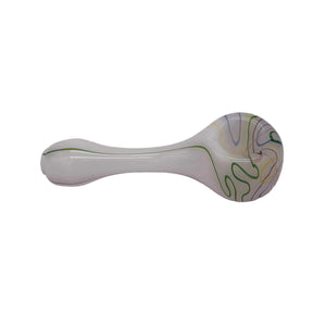 This is the Rainbow Squiggle Spoon Pipe by Biting Glass available at Ritual Colorado. A sleek handmade glass pipe with a white base accented by swirling squiggles on the bowl.