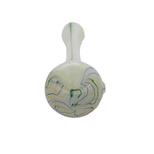 This is the Rainbow Squiggle Spoon Pipe by Biting Glass available at Ritual Colorado. A sleek handmade glass pipe with a white base accented by swirling squiggles on the bowl.