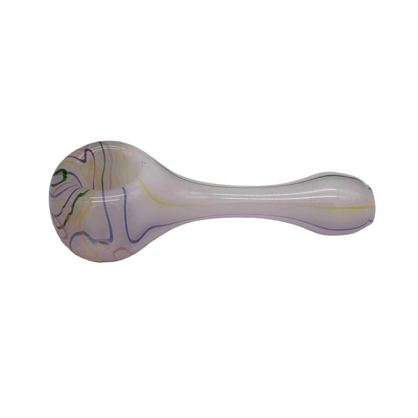 This is the Rainbow Squiggle Spoon Pipe by Biting Glass available at Ritual Colorado. A sleek handmade glass pipe with a white base accented by swirling squiggles on the bowl.