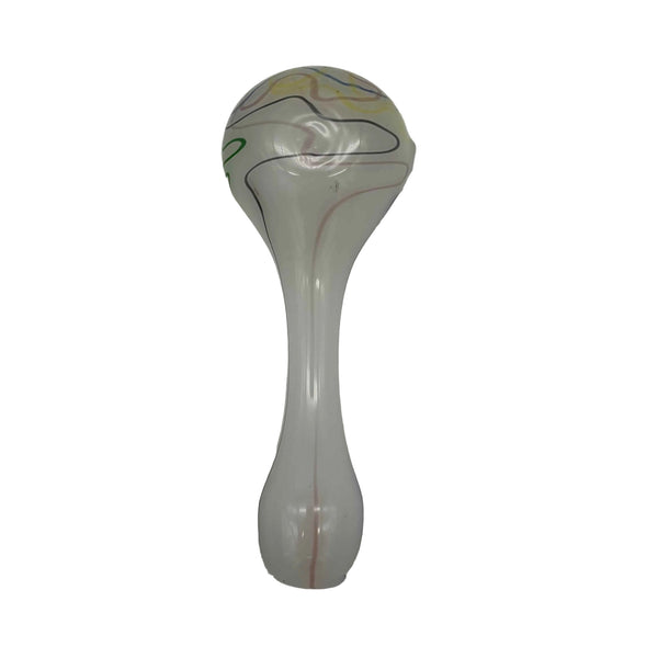 This is the Rainbow Squiggle Spoon Pipe by Biting Glass available at Ritual Colorado. A sleek handmade glass pipe with a white base accented by swirling squiggles on the bowl.