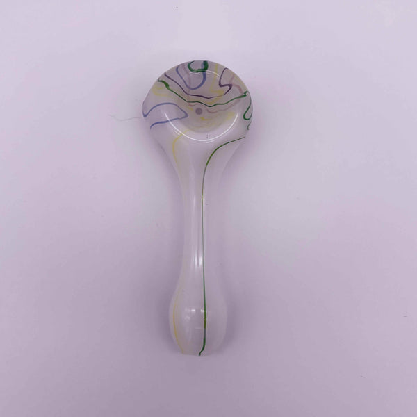 This is the Rainbow Squiggle Spoon Pipe by Biting Glass available at Ritual Colorado. A sleek handmade glass pipe with a white base accented by swirling squiggles on the bowl.