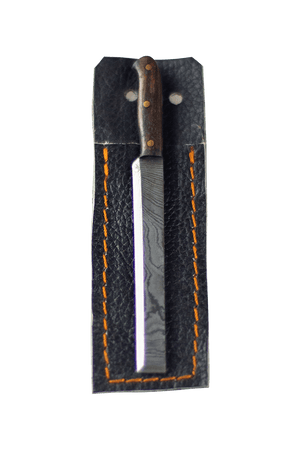 This is the sushi knife dab tool from Dabmascus available at Ritual Colorado. It features a three-pin handle and sushi-knife style blade from high-quality Damascus Steel. 