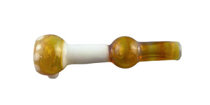 This is the Yellow & White Chillum by Biting Glass available at Ritual Colorado. A sleek handmade glass one hitter featuring vibrant yellow with white accents.