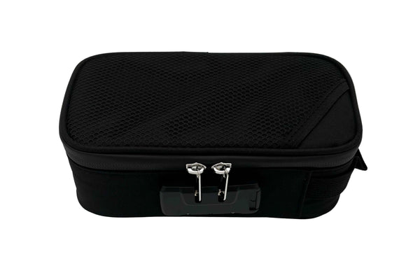 This is the Black Locking Zipper Stash Bag by Ritual Co. available at Ritual Colorado. A sleek portable carry case that is weather resistant, has a programmable combination lock and features many customization options to fit all your gear.