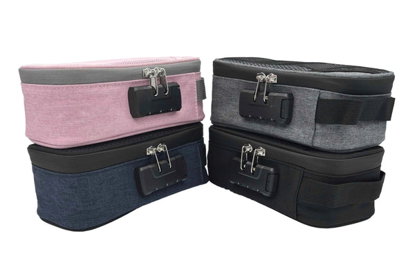 This is all four color options of the Locking Zipper Stash Bag by Ritual Co. available at Ritual Colorado. A sleek portable carry case that is weather resistant, has a programmable combination lock and features many customization options to fit all your gear.