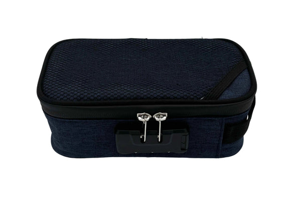This is the Navy Locking Zipper Stash Bag by Ritual Co. available at Ritual Colorado. A sleek portable carry case that is weather resistant, has a programmable combination lock and features many customization options to fit all your gear.