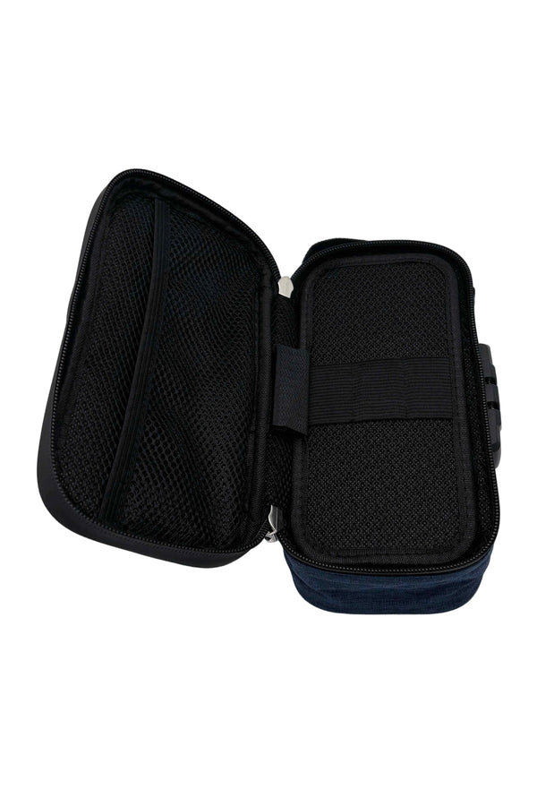 This is the Navy Locking Zipper Stash Bag by Ritual Co. available at Ritual Colorado. A sleek portable carry case that is weather resistant, has a programmable combination lock and features many customization options to fit all your gear.