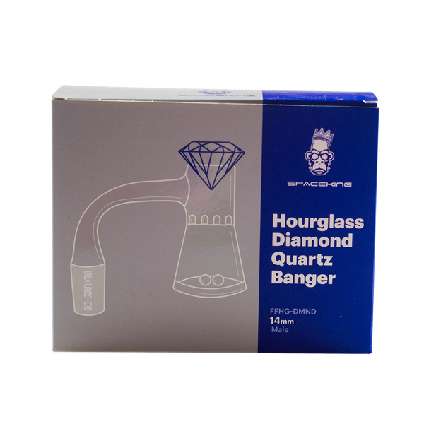 This is the Hourglass Diamond Quartz Banger from SpaceKing available at Ritual Colorado. This dabbing kit includes an hourglass quartz banger, diamond faceted carb cap, and two terp pearls. These all-in-one kits from SpaceKing are an economical way to get a new dab setup.