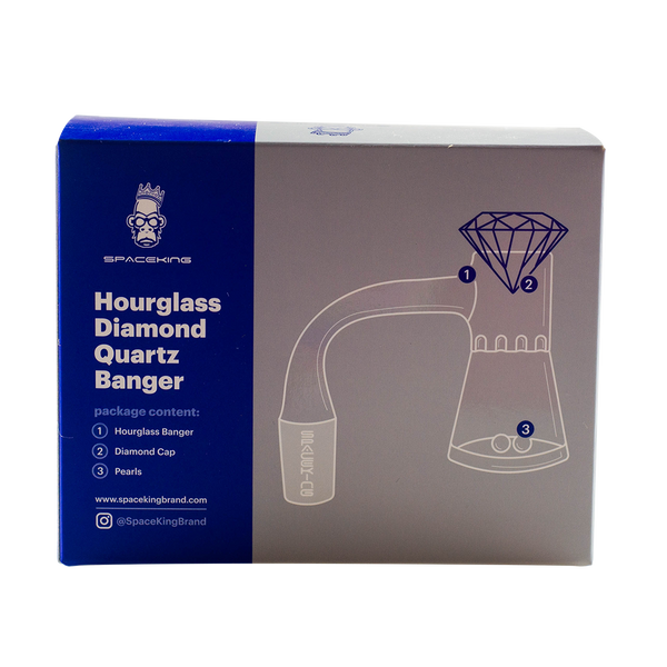 This is the Hourglass Diamond Quartz Banger from SpaceKing available at Ritual Colorado. This dabbing kit includes an hourglass quartz banger, diamond faceted carb cap, and two terp pearls. These all-in-one kits from SpaceKing are an economical way to get a new dab setup.