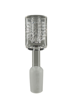 This is the Diamond Knot Quartz Banger from SpaceKing available at Ritual Colorado. It features an intricate quatz pattern for maximum heat retention and convenient dabs. Eliminate the need for any dabbing inserts with the diamond knot quartz banger.