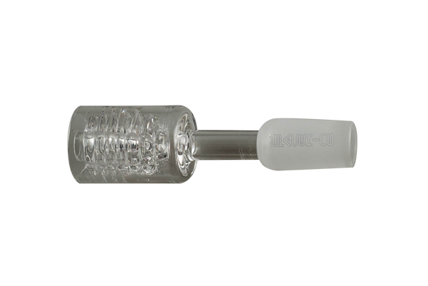 This is the Diamond Knot Quartz Banger from SpaceKing available at Ritual Colorado. It features an intricate quatz pattern for maximum heat retention and convenient dabs. Eliminate the need for any dabbing inserts with the diamond knot quartz banger.