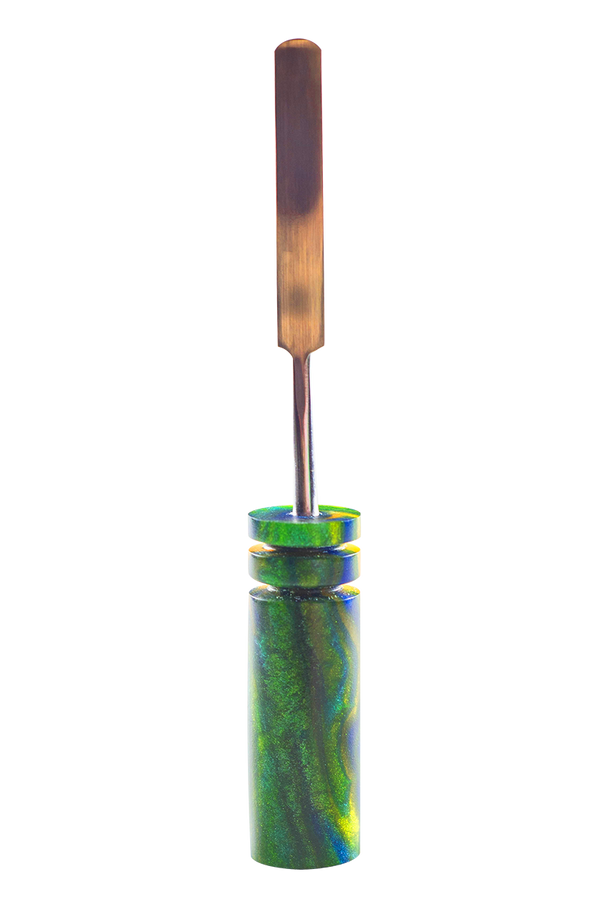 This is the Parrot Bay dab tool from Hash Handlez available at Ritual Colorado. Each includes a beautiful resin dab tool, protective hard case, and a hand-written card. Check out these locally Denver-made dabber tools today!