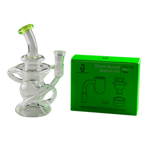 This is the 25mm Round Bottom Kit + Recy-clops Bundle Deal available at Ritual Colorado. It features a 14mm dab banger kit which includes terp pearls, a turbine carb cap and a dab tool. The Recy-clops is a popular glass dab rig that features a recycler return channel and lime green mouthpiece. Check out all the bundle discounts available at Ritual Colorado.