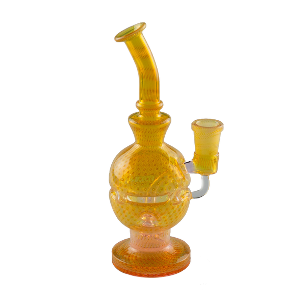 This is the Round The World Glass Rig from Ritual Glass available at Ritual Colorado. It features intricate American colored glass rod in a beautiful fab egg shape. Featuring a 14mm female connection this is a great stylish dab rig.