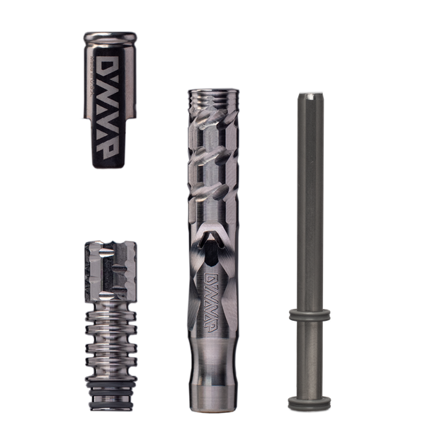 This is the DynaVap "M" in stainless steel finish showing the separate components. The cap is above the tip, next to the body, with the condensor shown to the right. Available at Ritual.
