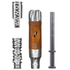This shows the separate components of the DynaVap VonG including the cap, titanium tip, midsection with rotating wooden sleeve, and internal condensor available at Ritual.