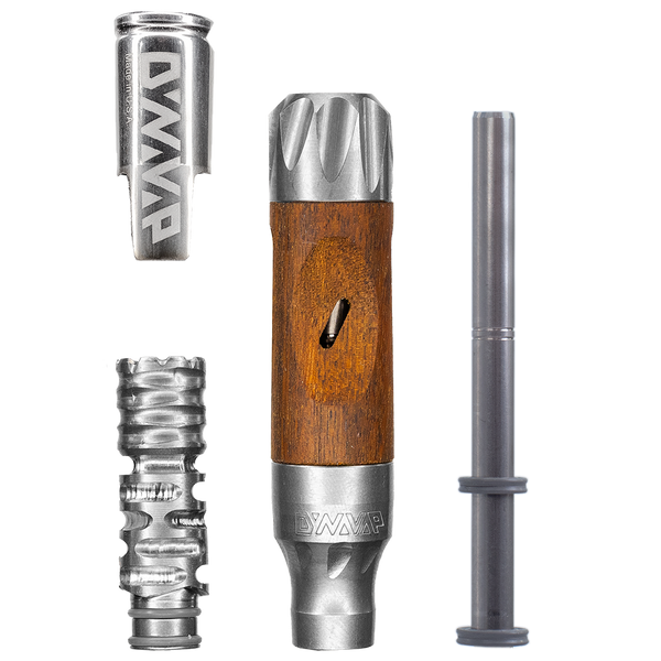 This shows the components of a DynaVap VonG including the cap, titanium tip, body with rotating wooden sleeve, and internal condensor. Available at Ritual.