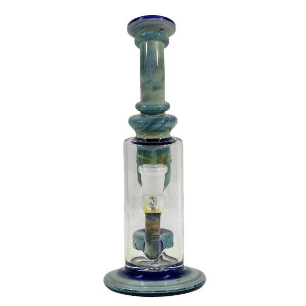 This is the Blue Hole Klein Recycler from Ritual Glass. It features American color rod throughout and is a perfect daily driver glass.