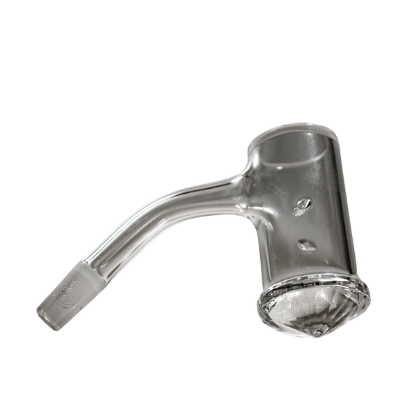 This is the Faceted Auto-Spinner quartz banger from Banger Supply. Featuring a beveled bottom and directional air slits as well as a fully welded construction.