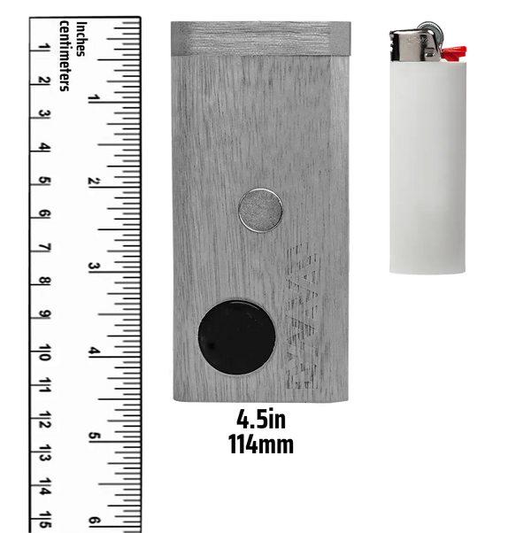 This is a reference image showing the size of the DynaVap DynaStashER compared to a ruler and regular lighter. DynaStashER is 4.5" tall. Available at Ritual.