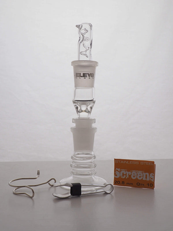 This is the Elev8r torch vehicle by Elev8 Glass pictured with accessories including clips, screens, and tweazers. Available at Ritual.