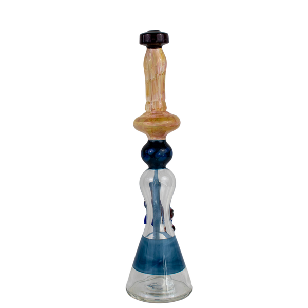 This is the Dark Horse Butter Water Filter from Elev8 available at Ritual Colorado. It's a beautiful tall water piece with a 14mm connection. The fuming on the neck and impressive body colors show the craftsmanship in this heady rig. 