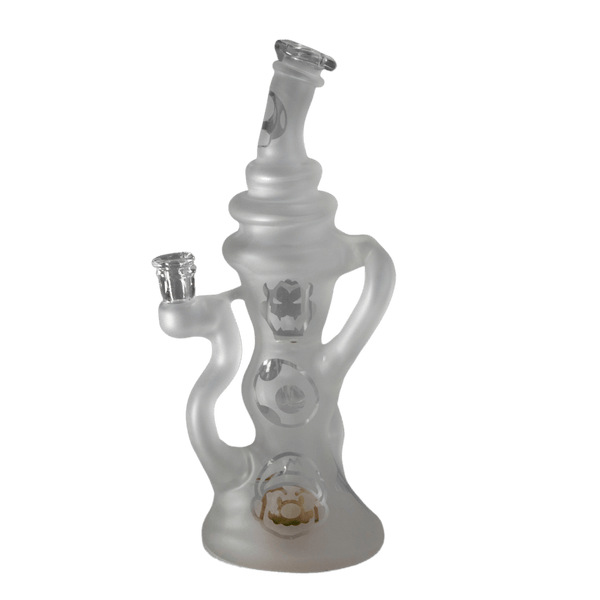 This is the It's-A Me Recycler from t_treeglass available at Ritual Colorado. It features intricate sandblasted details and a colorful marble in the base. The efficient recycling action makes this a great piece of heady glass at a steal of a price.