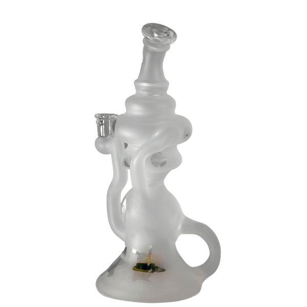 This is the Catch 'Em All Recycler from t_treeglass available at Ritual Colorado. It features intricate sand-blasted details and a colorful marble in the base. The efficient recycling action makes this a special piece of handblown glass available at a competitive price.