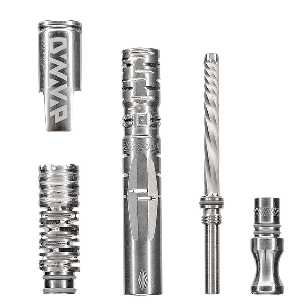 This shows the separate components of the DynaVap Omni including the cap, titanium tip, body, mouthpiece, and telescoping condensor available at Ritual.