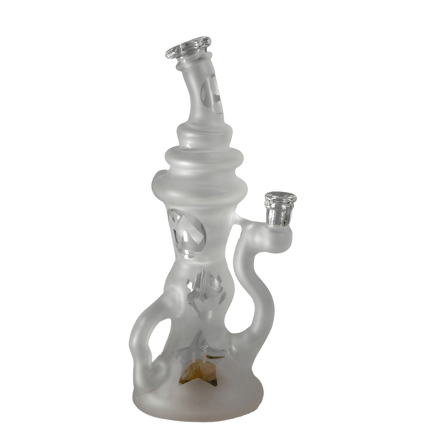 This is the It's-A Me Recycler from t_treeglass available at Ritual Colorado. It features intricate sandblasted details and a colorful marble in the base. The efficient recycling action makes this a great piece of heady glass at a steal of a price.