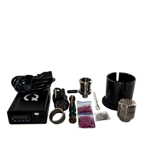 This is the Taroma XL DIY Kit from QaromaShop available at Ritual. Featuring a digital PID temperature controller, 30mm heater coil, StabWood coil handle, titanium adapter XL bowl, 3mm aroma ruby pearls (x4), 25.4mm stainless steel screens, stainless steel scoop tool, Taroma XL Housing, and a Suet Jade Porcelain Stand. A powerful ball vape capable of standing up to the largest tolerances.