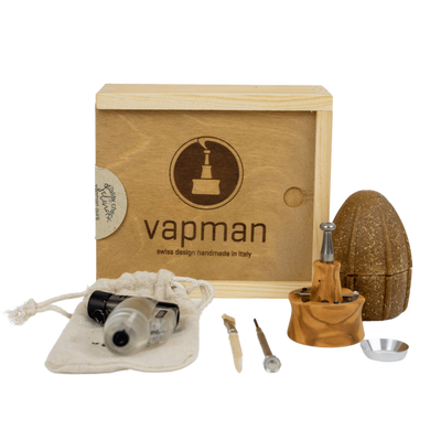 This is the Vapman Pure Set from Vapman available at Ritual. It features a beautiful wooden box, a Vapman Pure with loading funnel, cleaning set, and butane torch. A swiss designed italian made dry herb vaporizer that excels at microdosing and provides excellent flavor.