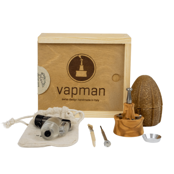 This is the Vapman Pure Set from Vapman available at Ritual. It features a beautiful wooden box, a Vapman Pure with loading funnel, cleaning set, and butane torch. A swiss designed italian made dry herb vaporizer that excels at microdosing and provides excellent flavor.
