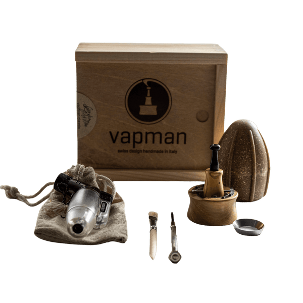 This is the Vapman Classic Set from Vapman available at Ritual. It features a beautiful wooden box, a Vapman Classic with loading funnel, cleaning set, and butane torch. A swiss designed italian made dry herb vaporizer that excels at microdosing and provides excellent flavor.
