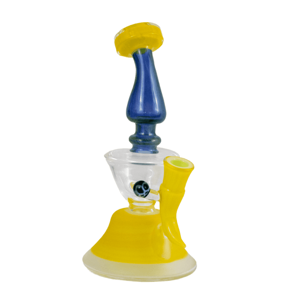 This is the Goldmember and Cobalt Alien Skin Butter Water Filter (#746) from Elev8 available at Ritual Colorado. This heady rig features a 14mm female connection and stunning blue and yellow colors. This handmade American glass is a great addition to any collection.