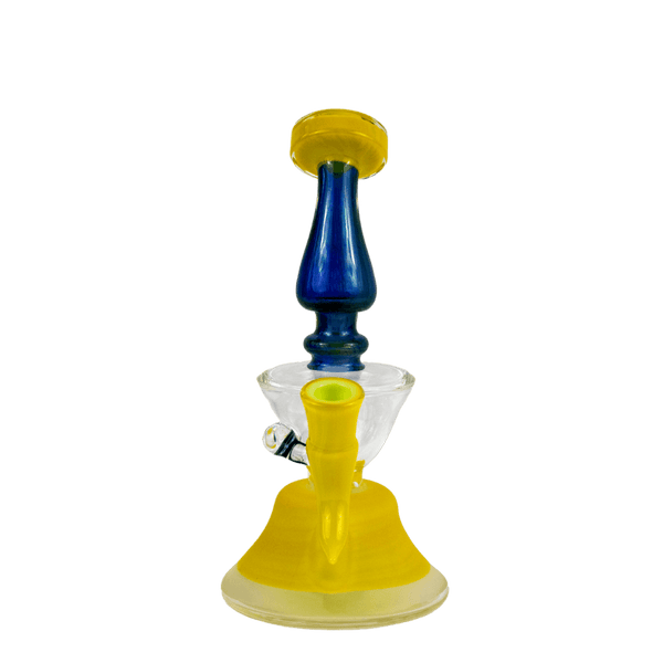 This is the Goldmember and Cobalt Alien Skin Butter Water Filter (#746) from Elev8 available at Ritual Colorado. This heady rig features a 14mm female connection and stunning blue and yellow colors. This handmade American glass is a great addition to any collection.