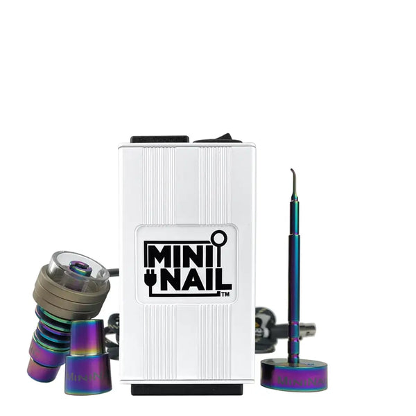This is the complete MiniNail kit with a white controller and rainbow hybrid nail and dabber / carb cap available at Ritual.