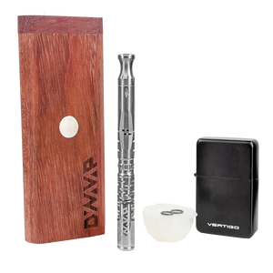 This is the components included with the DynaVap Omni Starter Pack which includes the Omni, a Vertigo lighter, a DynaStash XL, and spare accessories and o-rings. Available at Ritual.
