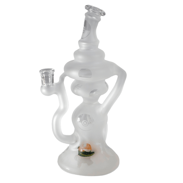 This is the Catch 'Em All Recycler from t_treeglass available at Ritual Colorado. It features intricate sand-blasted details and a colorful marble in the base. The efficient recycling action makes this a special piece of handblown glass available at a competitive price.