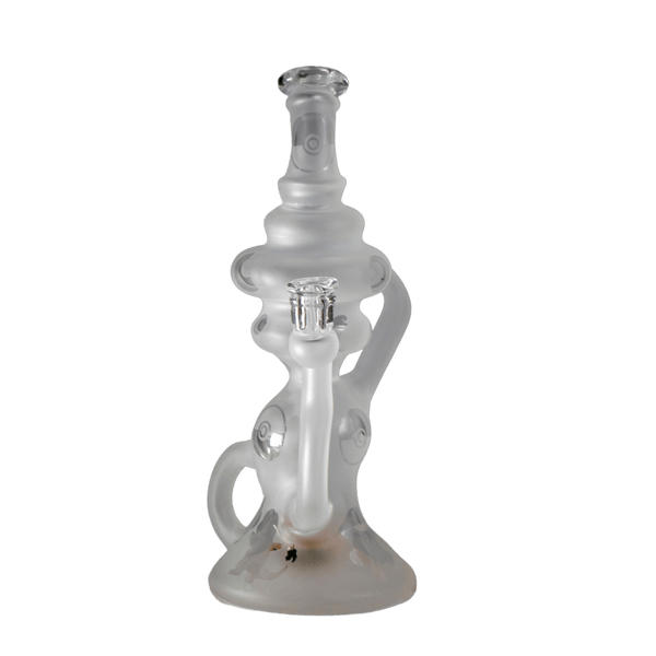 This is the Catch 'Em All Recycler from t_treeglass available at Ritual Colorado. It features intricate sand-blasted details and a colorful marble in the base. The efficient recycling action makes this a special piece of handblown glass available at a competitive price.